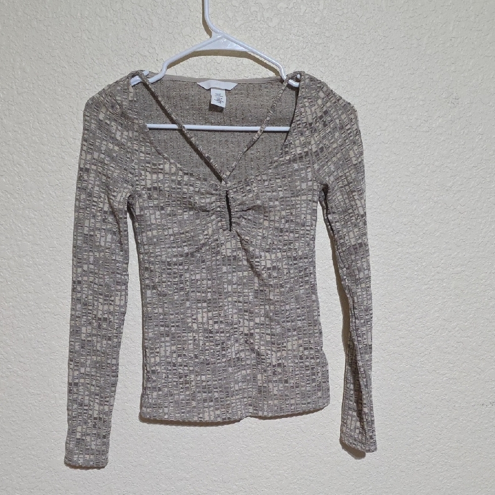 H&M Textured Beige Sweatheart Neck Top Long Sleeve Women's Size XS